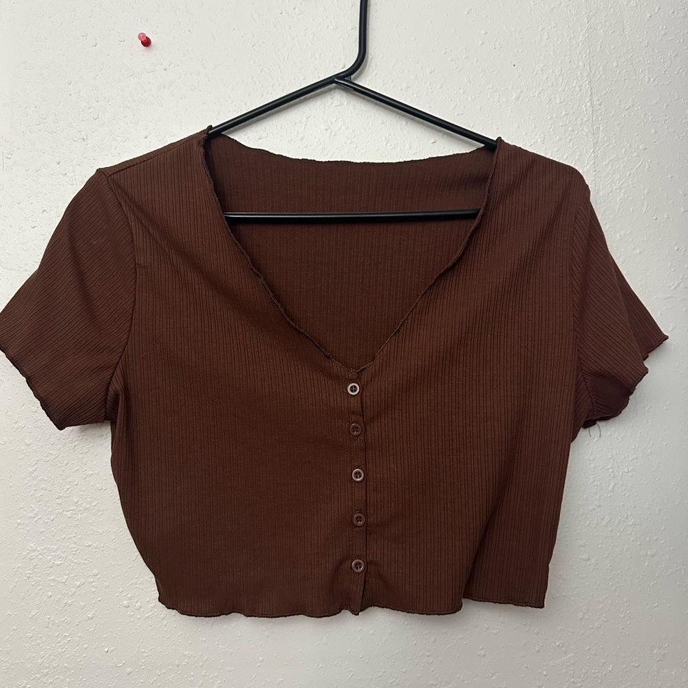 Shein Brown Button-Up Ribbed Women's Crop Top